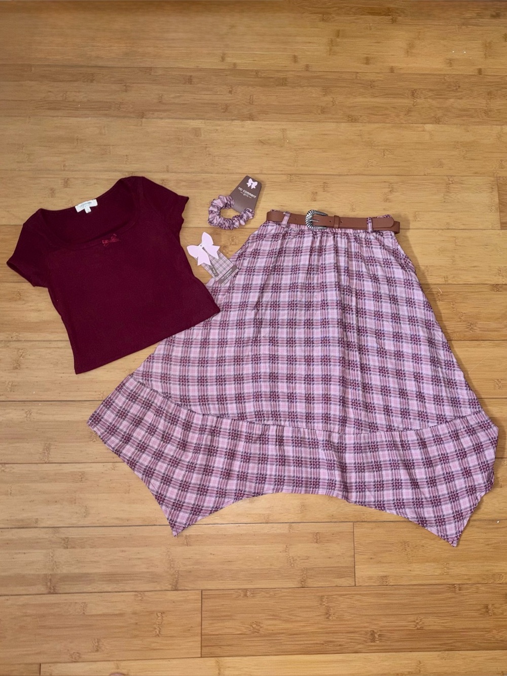 NWT Girl’s Size 7-8 Outfit - Top & Asymmetrical Hem Plaid Maxi Skirt w/Belt Set